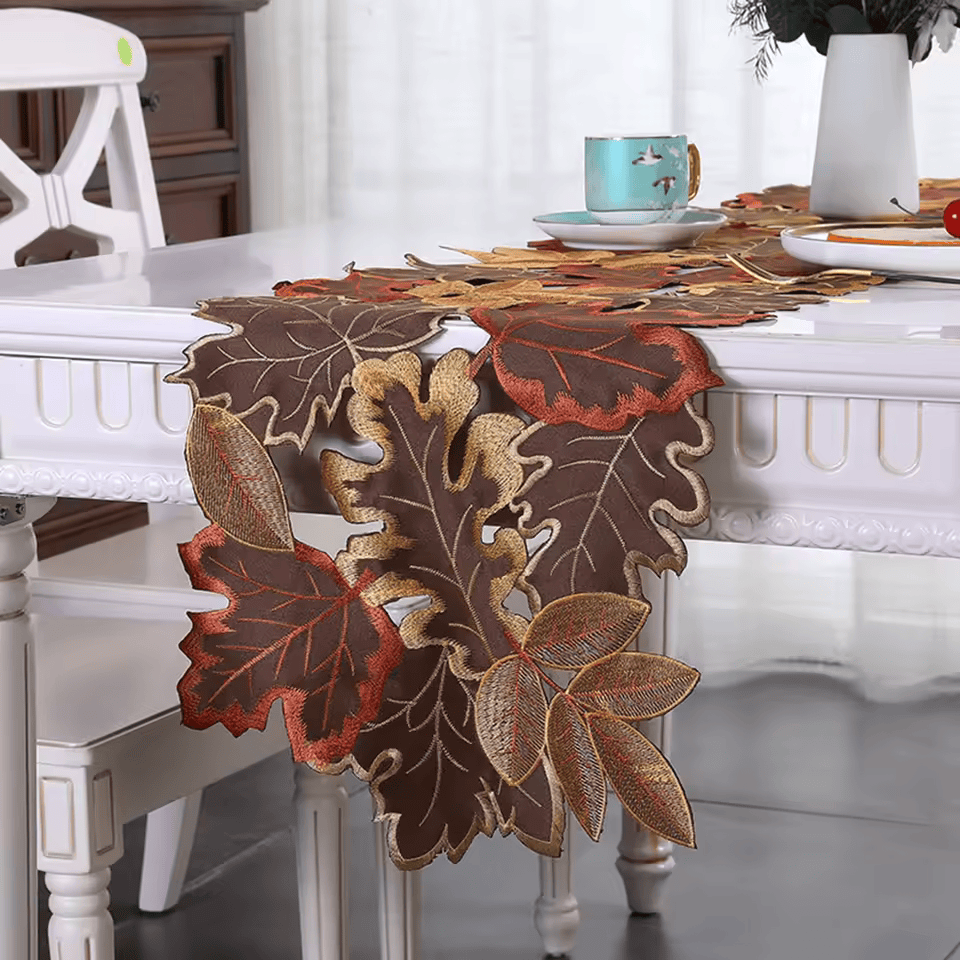Autumn Maple Leaf Embroidered Table Runner – Rustic Thanksgiving & Fall Table Decor