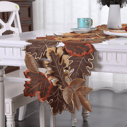 Autumn Maple Leaf Embroidered Table Runner – Rustic Thanksgiving & Fall Table Decor