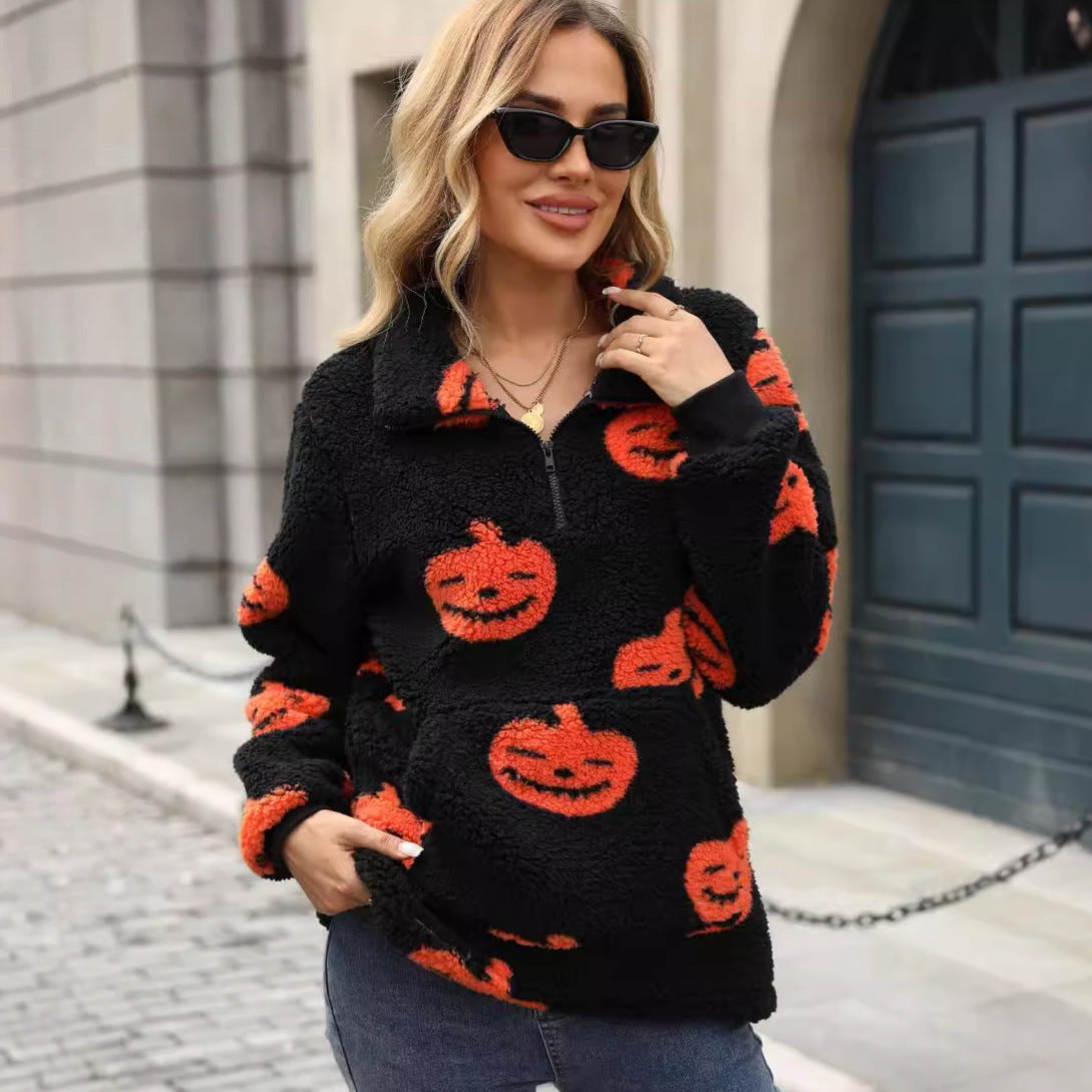 Euro-American Style Plush Half-Zipper Pumpkin Halloween Sweatshirt