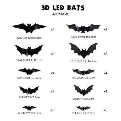 3D LED Glowing Bat Wall Decorations – Halloween Flying Bat Swarm Set