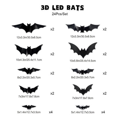 3D LED Glowing Bat Wall Decorations – Halloween Flying Bat Swarm Set