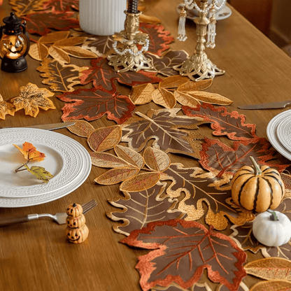 Autumn Maple Leaf Embroidered Table Runner – Rustic Thanksgiving & Fall Table Decor
